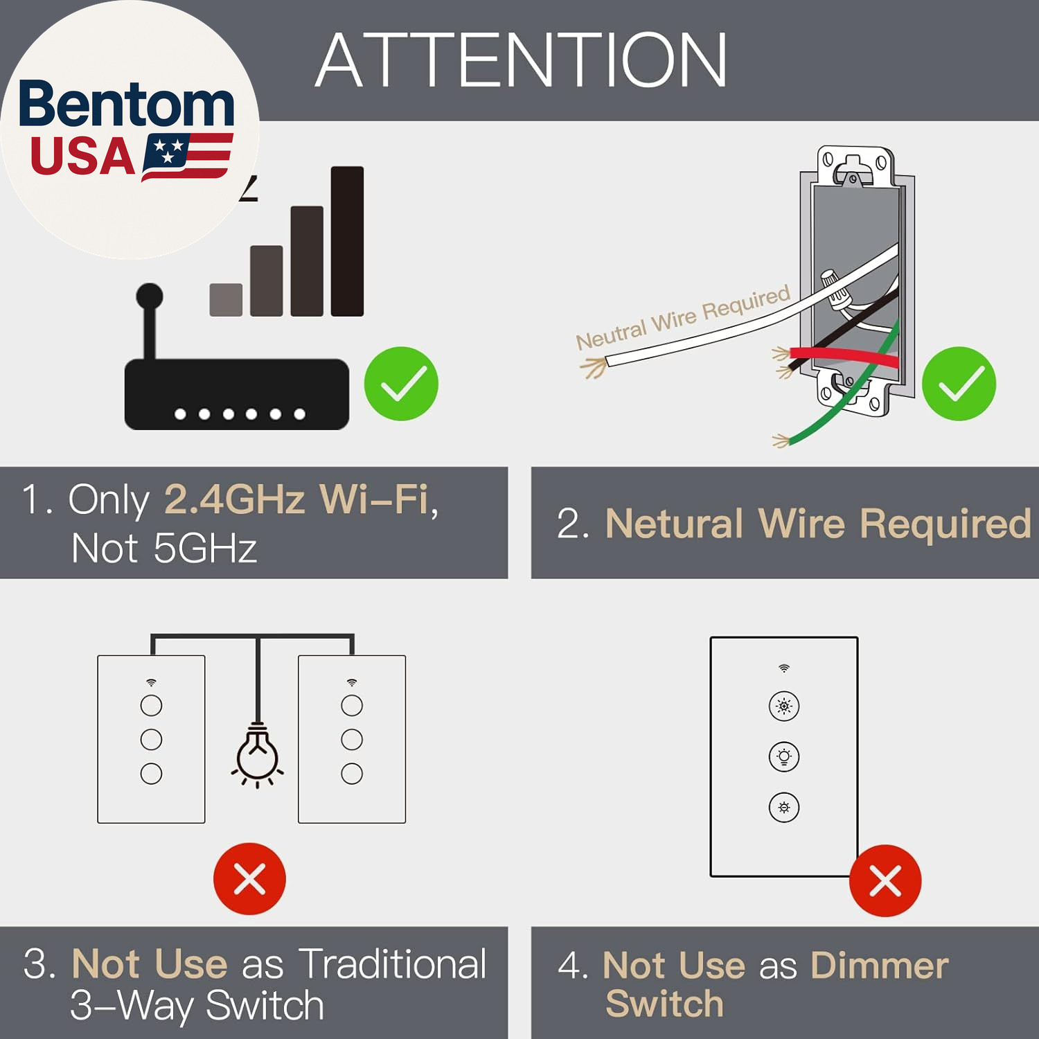 2.4Ghz Wifi Wall Touch Smart Switch Neutral Wire Required, 3 Way Multi-Control,