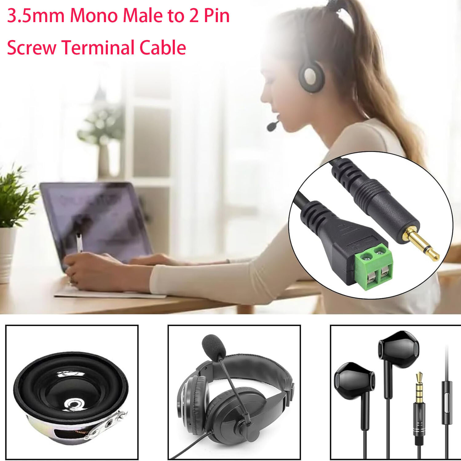 3.5mm Mono TS Male To 2 Pin Way Screw Terminal Block Bolt Speaker Adapter Cable