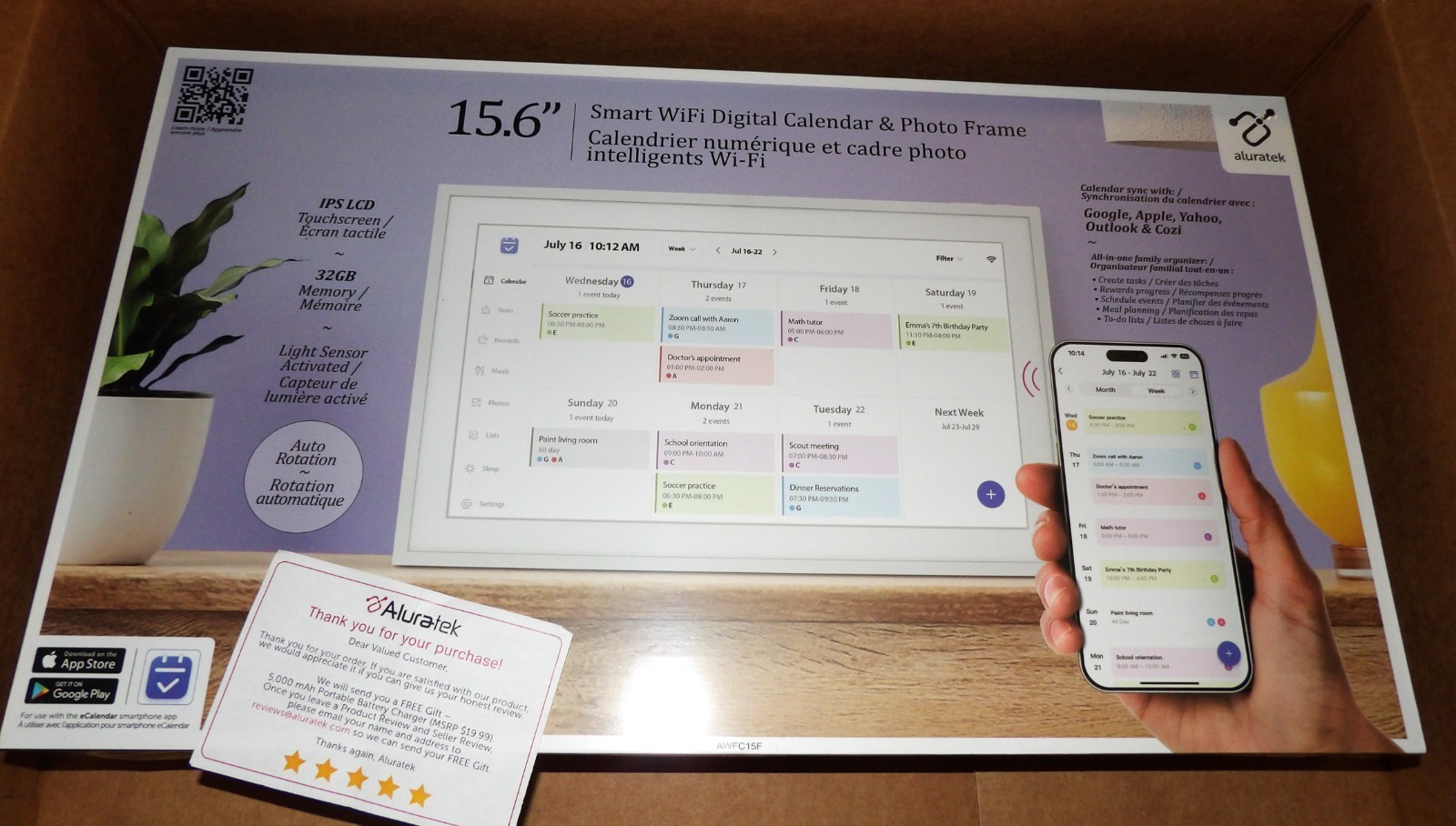 Aluratek AWFC15F 15.6″ Smart WiFi Digital Calendar Photo Frame w/32GB NEW Sealed