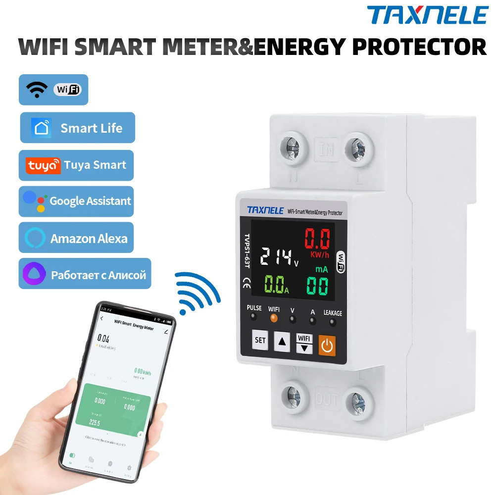 63A Tuya WiFi Energy Power kWh Meter Leakage Protector Relay Device Switch AC