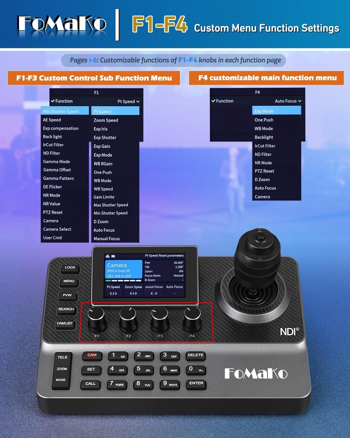 FoMaKo NDI PTZ Camera Controller LCD Preview NDI PTZ Controller Keyboard Joysti