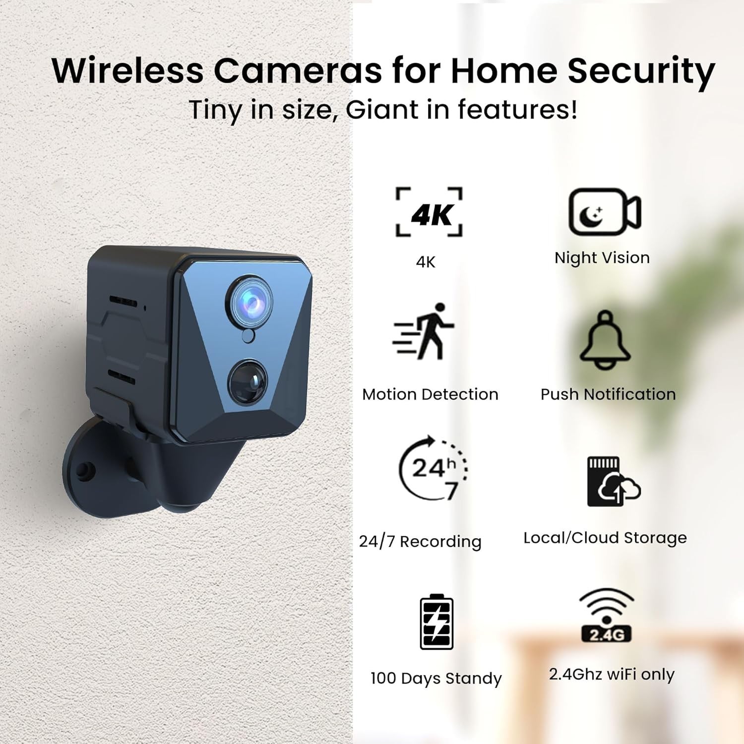 Wireless Indoor Surveillance Camera with Remote Viewing and Long Battery Life