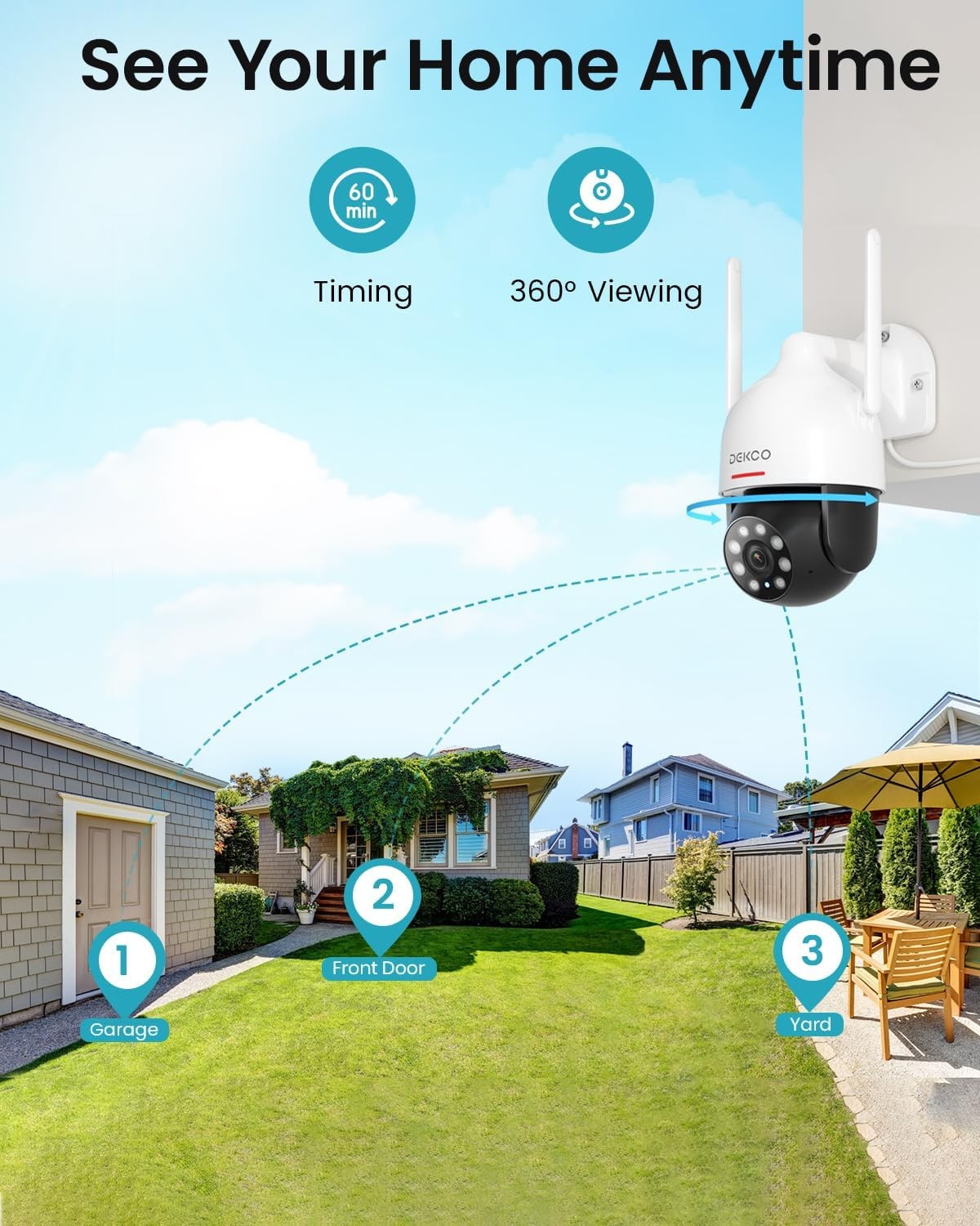 DEKCO 2K Outdoor WiFi Security Camera, Plug-in Pan-Tilt Dome | App viewing, m…