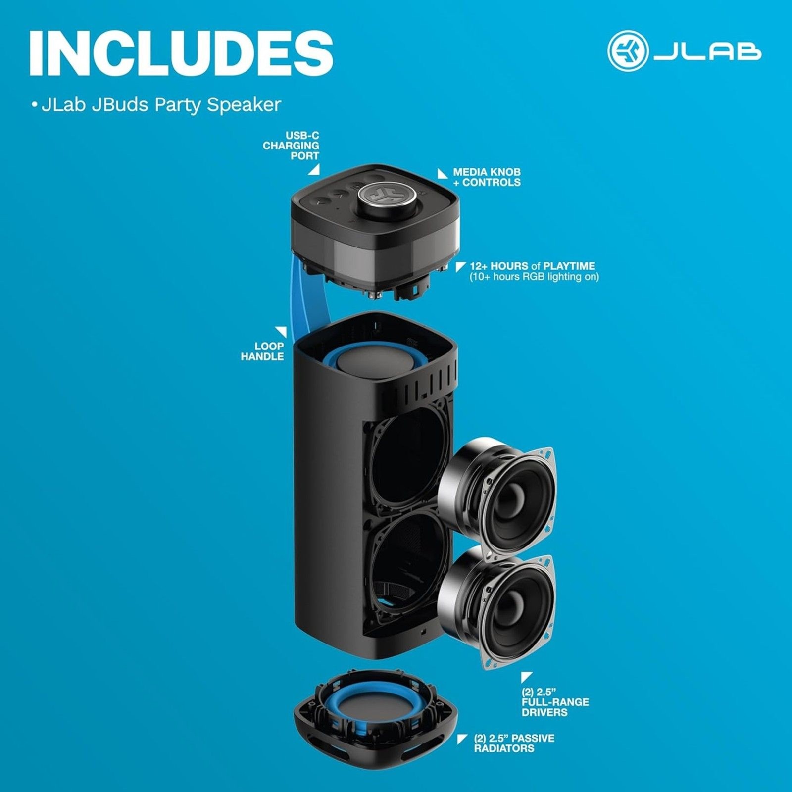 JLab JBuds Party Portable Bluetooth Speaker Black 30W Waterproof RGB Lighting