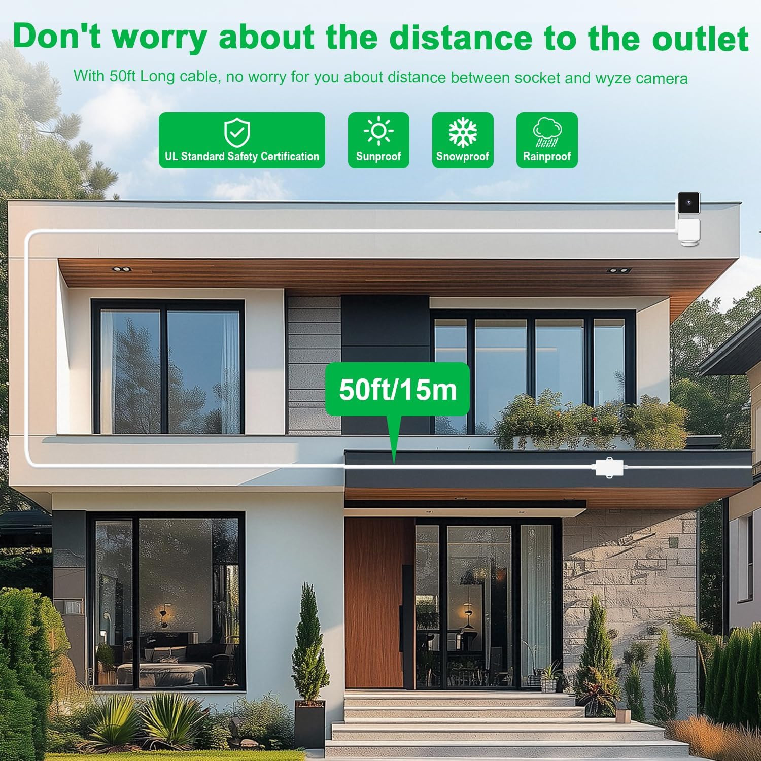 50Ft/15M Outdoor Power Adapter Compatible with Wyze Cam V4,Duo Cam Pan,Wyze Pan
