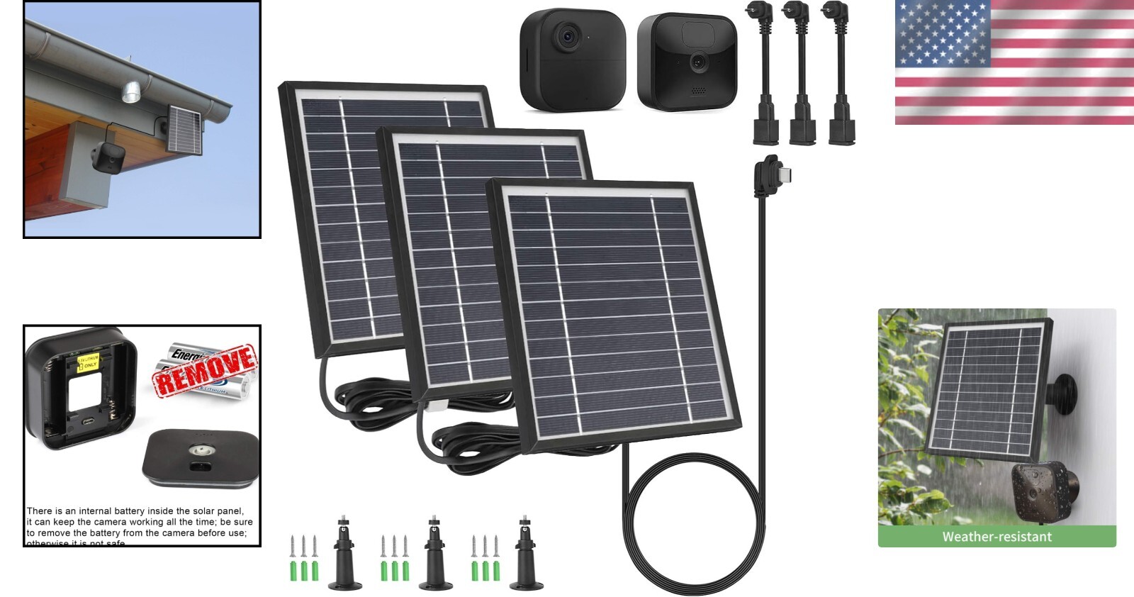 3 Pack Solar Panel System for Blink Outdoor 4 & XT Cameras with Adjustable Mount