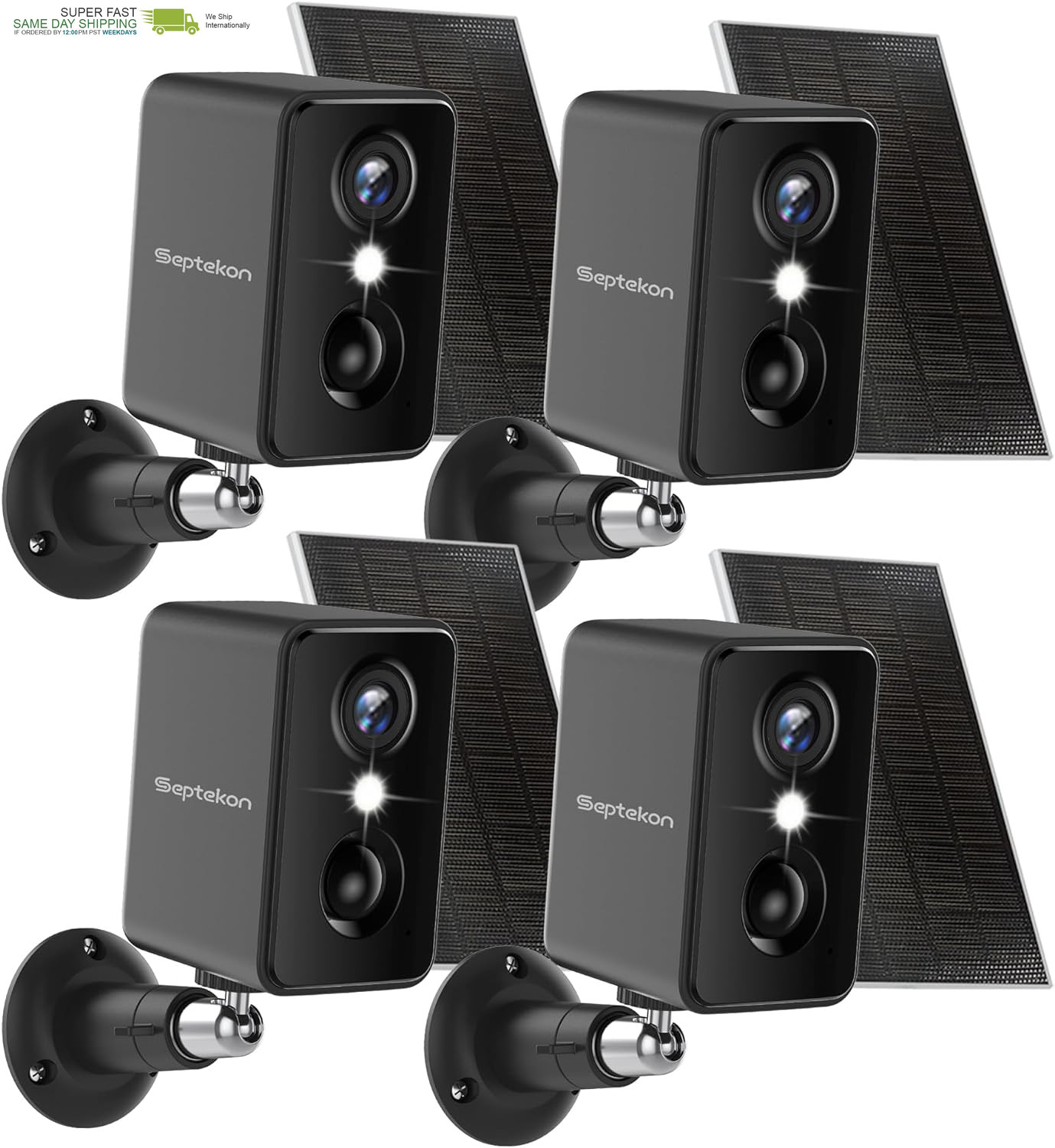4 Pack, Solar Battery Powered Camera with Two Spotlights, PIR Motion Detection S