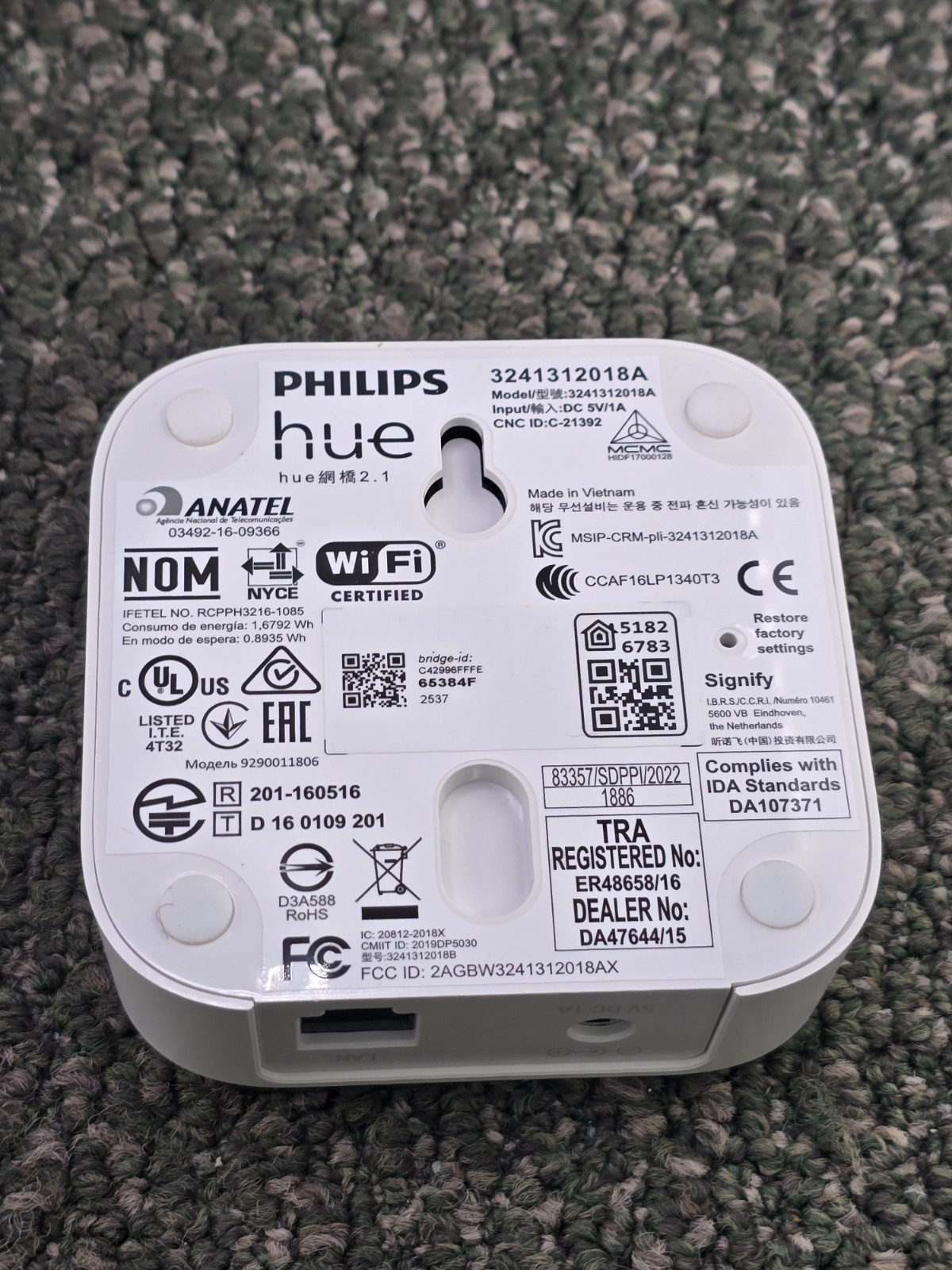 Philips 458471 1A 5VDC Hue Bridge For Hue Smart Wireless Lighting Control White