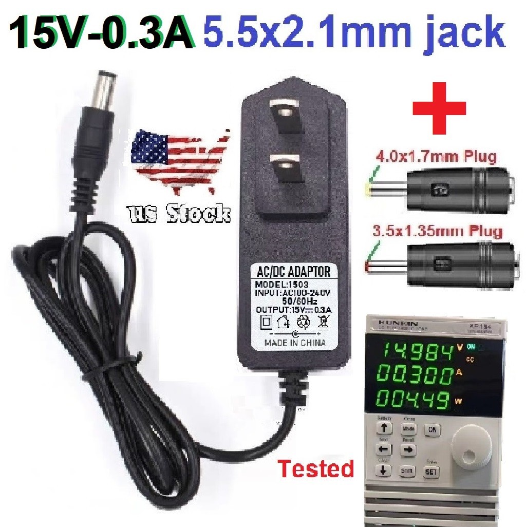 Tested 15V 0.3A AC/DC Adapter Power Supply Charger with 5.5×2.1mm +2 Plug Tips