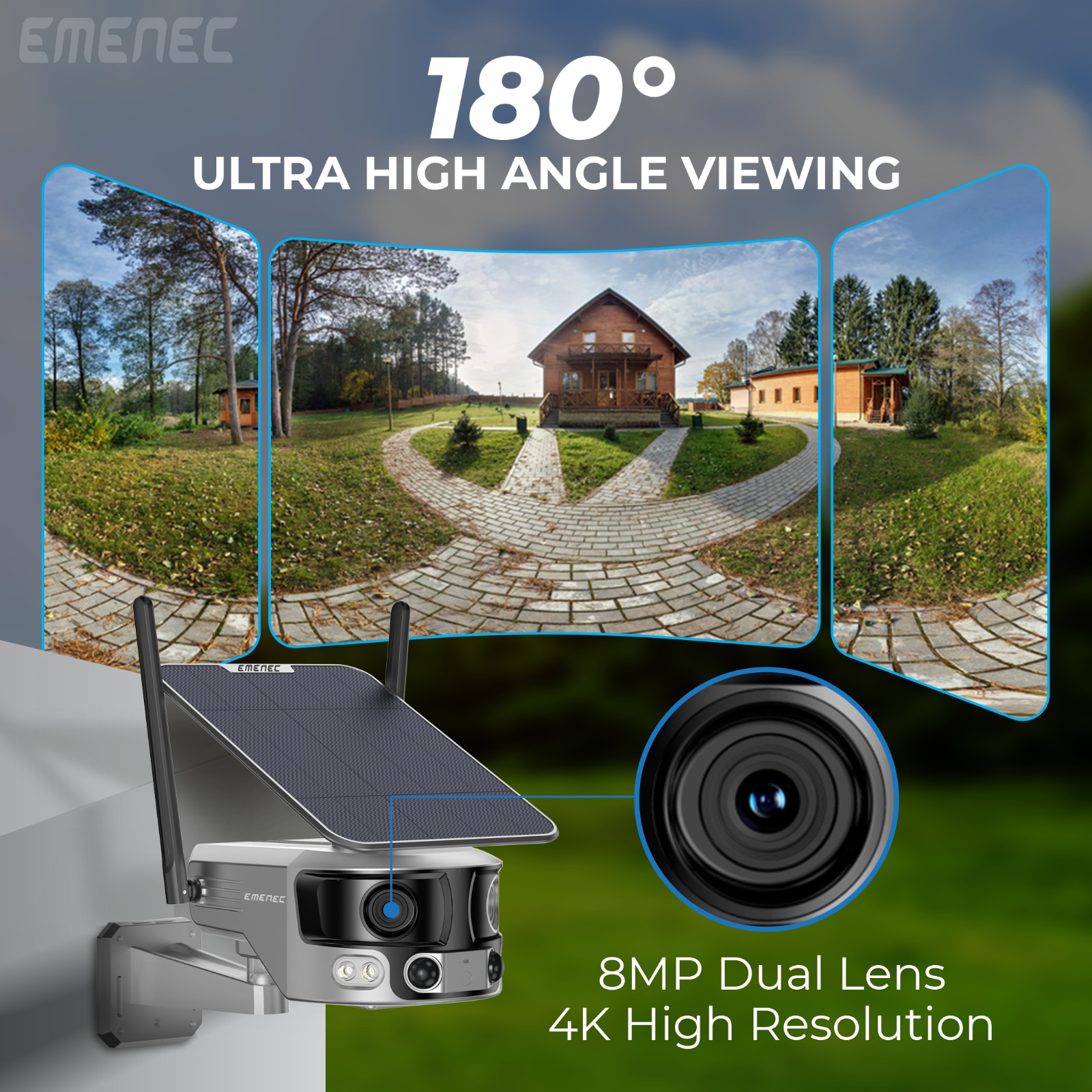 Solar Security Camera Outdoor WiFi Dual Lens 180° 4K IP65 – EMENEC ESK-180