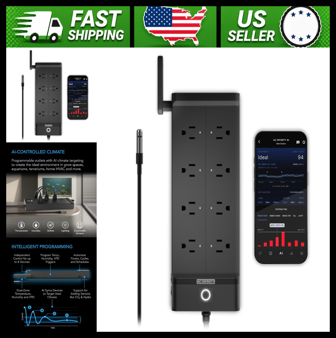AC Infinity Smart WiFi Power Strip, Dual-Zone Temp Humidity Controller, 8 Plugs