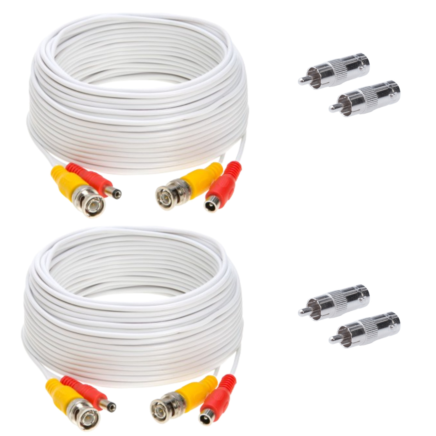 2x 30ft BNC Male Video Power Cable with BNC to RCA Connectors + DC Power, White