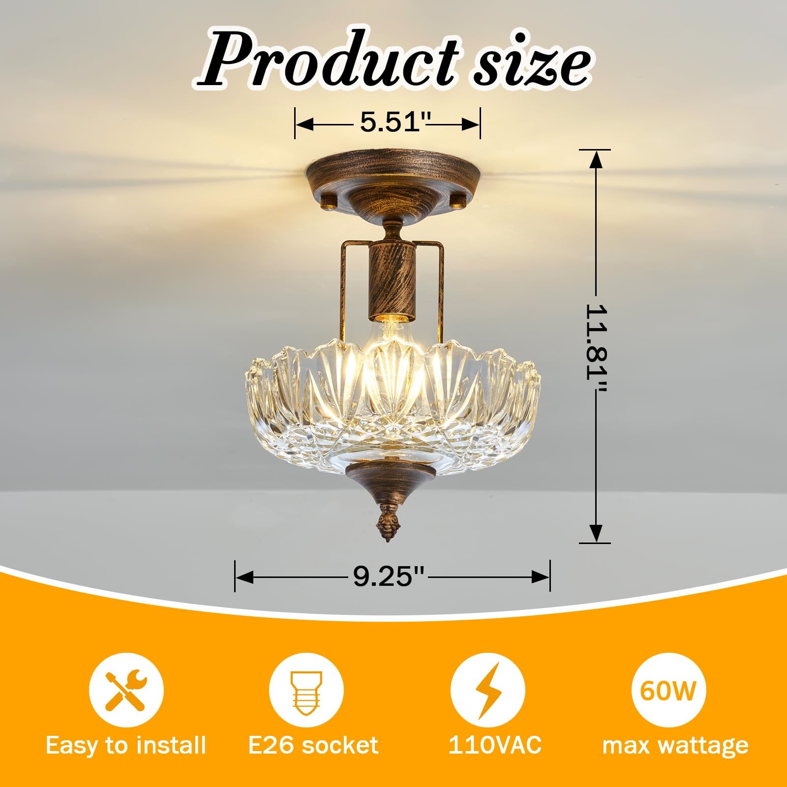 UOFUS Glass Ceiling Light Fixture Vintage Small Semi Flush Mount Bronze