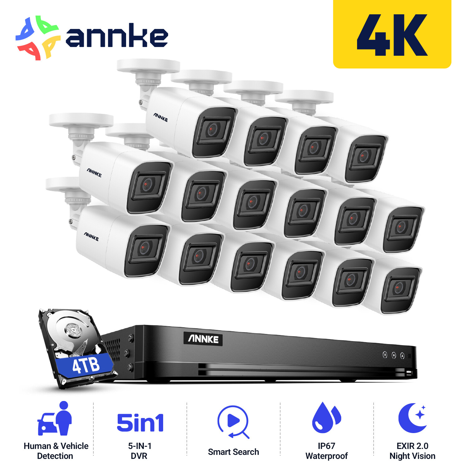 ANNKE 8MP 16CH DVR 4K Security Camera System EXIR Night Vision Human Detection