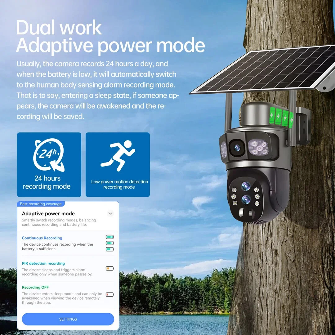 Solar Camera Outdoor 6K 12MP Three Lens Security Human Auto Tracking CCTV Camera