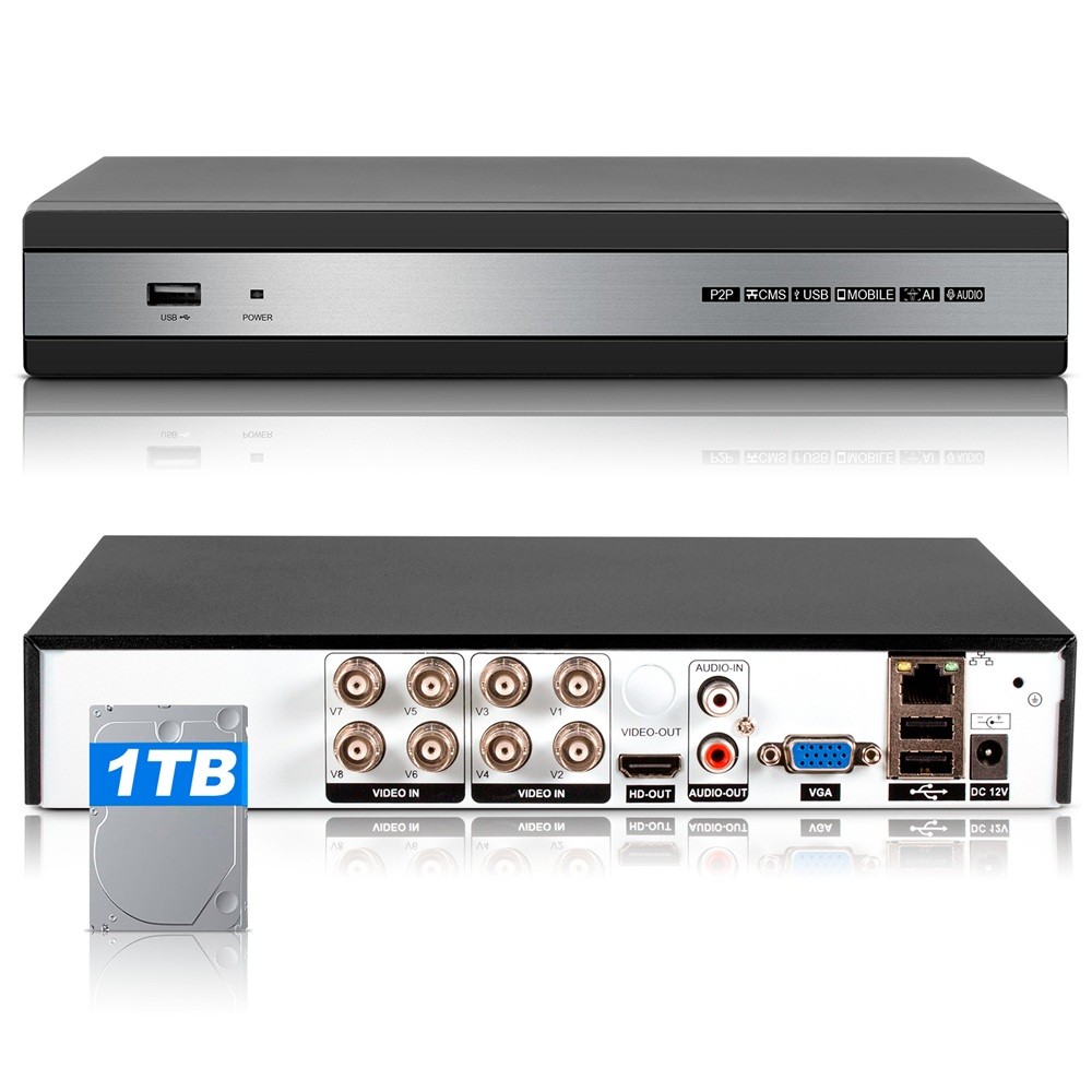 Hybrid 8CH 6in1 H.265 CCTV Recorder 1TB Preloaded HDD Multi-Type Camera Support