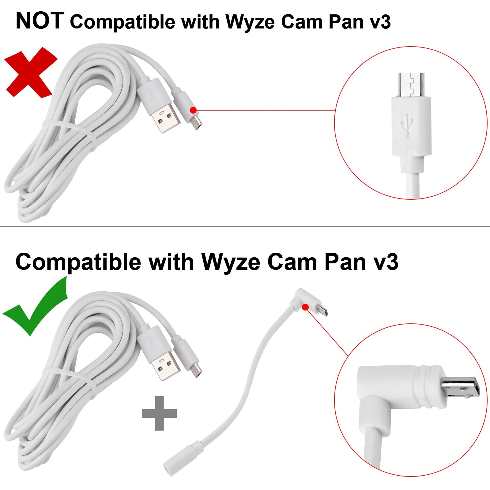 Uogw 3 Pack 90° Micro-USB Extension Cable Compatible with 5 inches, White