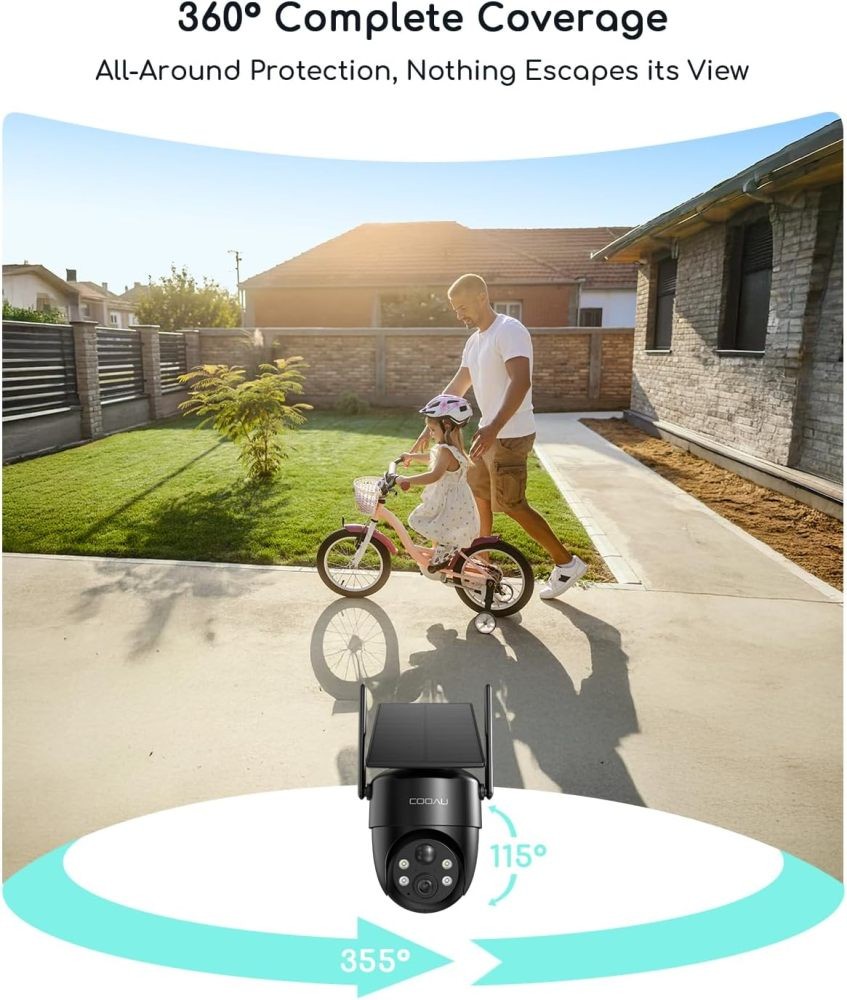 COOAU Solar Security Camera Charging Wireless 2K 360° Outdoor AI Detection