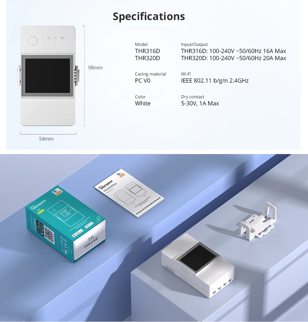 20A Wifi Smart Temperature and Humidity Monitoring Switch THS01 DS18b20 Sensor
