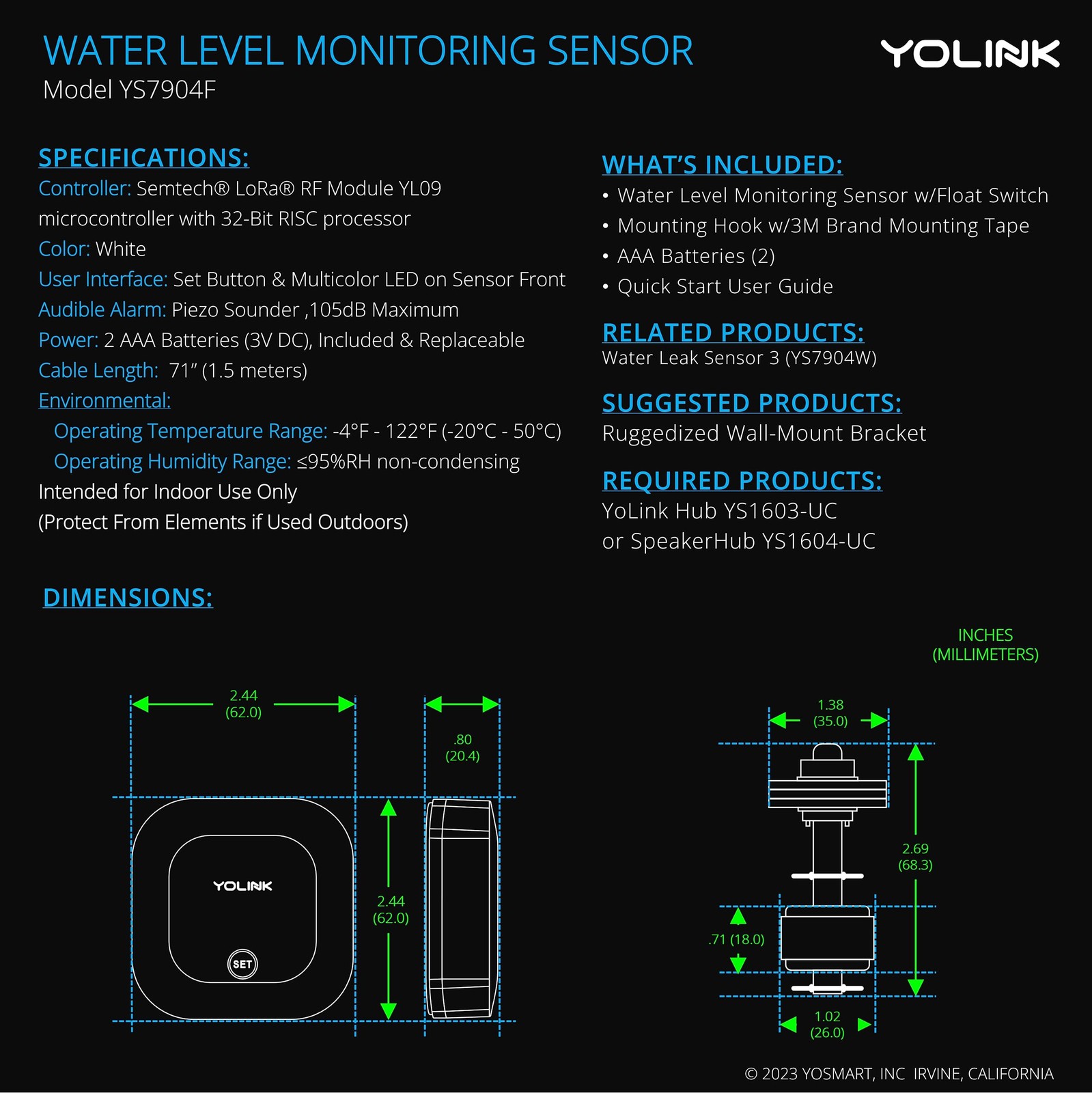 YoLink LoRa Smart Water Level Monitoring Sensor, Wireless Battery-Powered Flo…