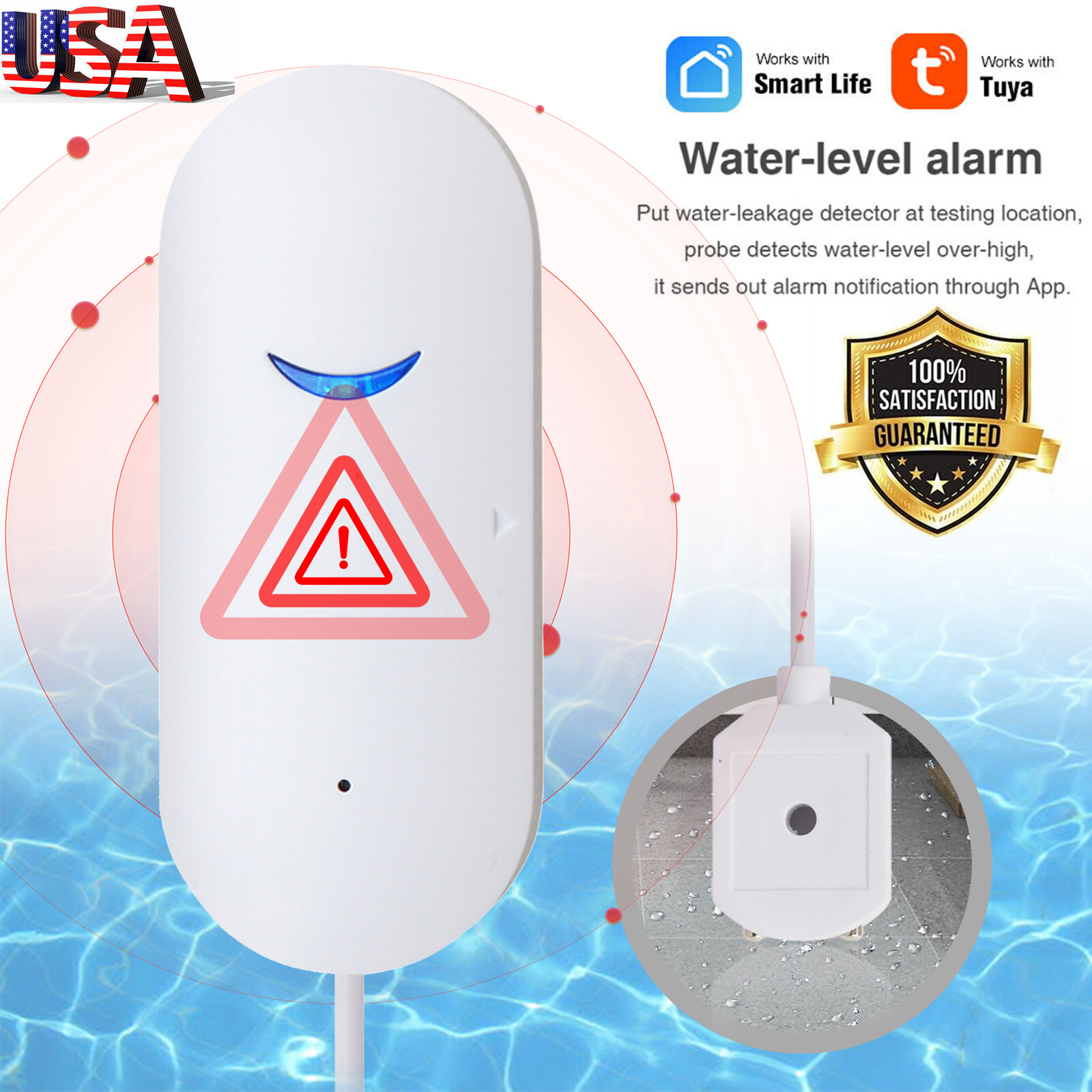 Smart WiFi Water Leak Sensor Flood Leakage Level Alarm Overflow Detector Alert
