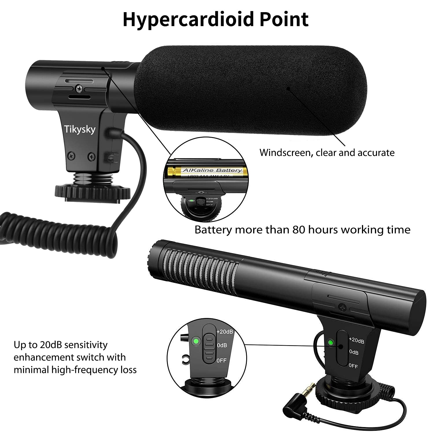 tikysky Camera Microphone, Video Microphone for DSLR 5.43″ x 2.16“, Black