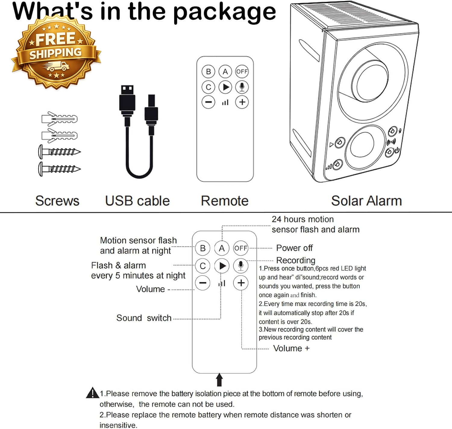 Solar Outdoor Motion Sensor Alarm Dog Barking & Gunshot Sound 130Db Motion Detec