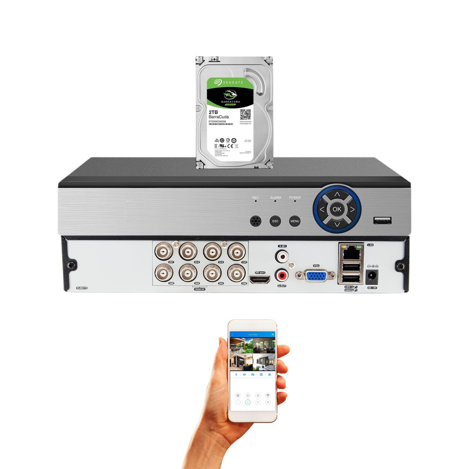 8 Channel H.265 DVR with 2TB Hard Drive Security Surveillance Camera Recorder