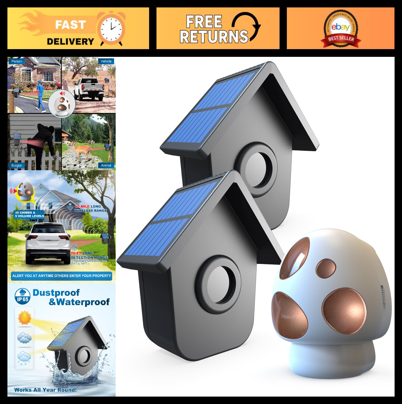 Wireless Solar Driveway Alarm System – Weatherproof Motion Sensor & Detector, 1/