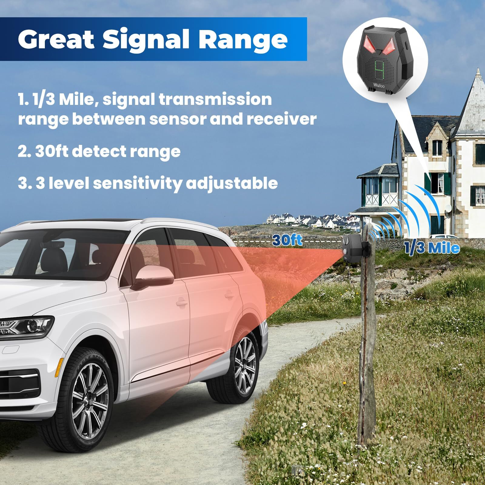 Wuloo 1/3 Mile Solar Driveway Alarms Motion Sensor Detectors Customized Melodies