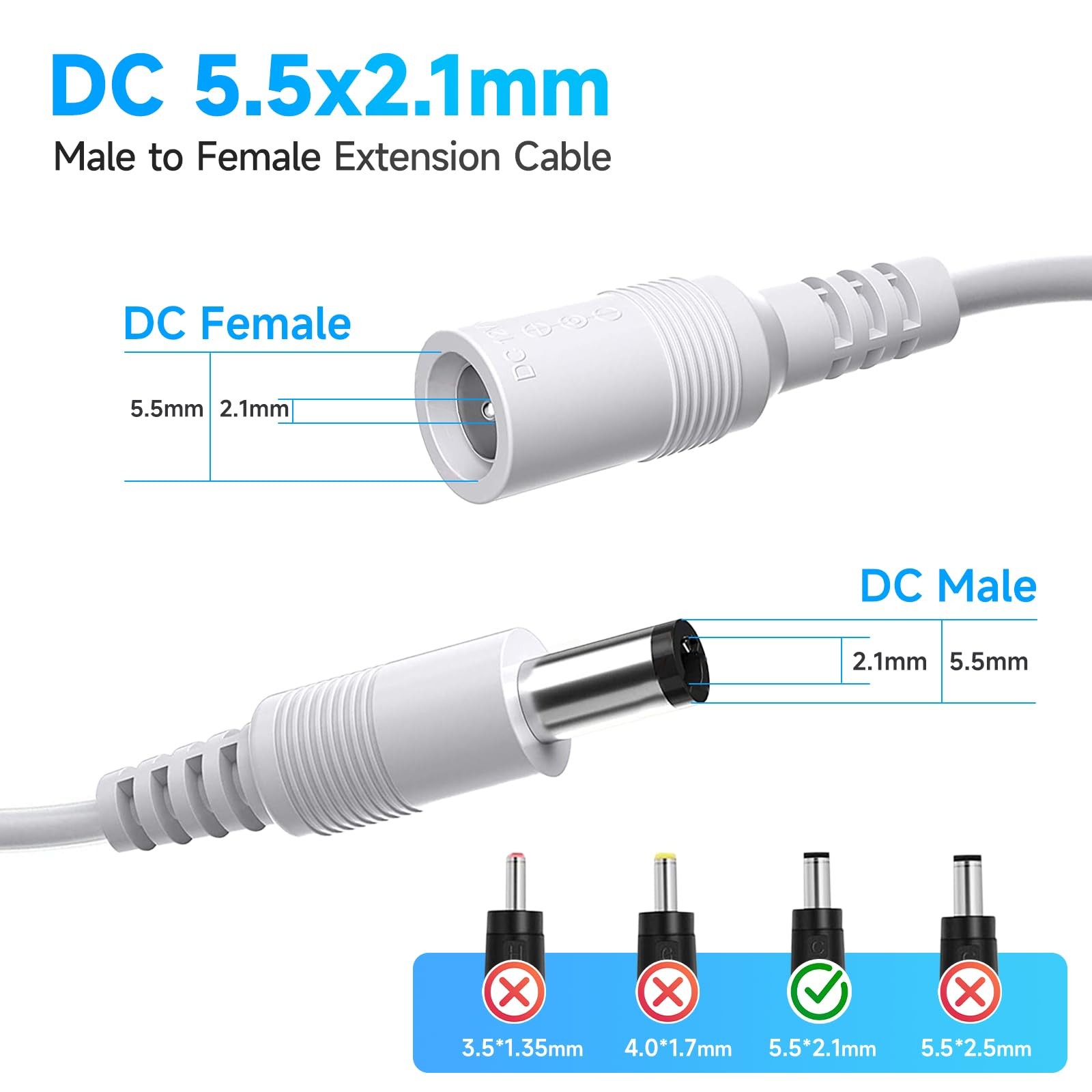 2 Pack 20ft Dc Power Extension Cable 2pcs Dc 12v Power Adapter Extension Cord 2.