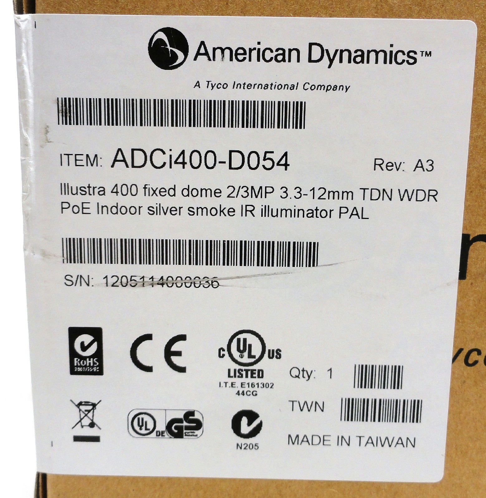 New American Dynamics ADCI400-D054 Illustra 400 IR Mini Dome 0.6 Megapixel 3.3