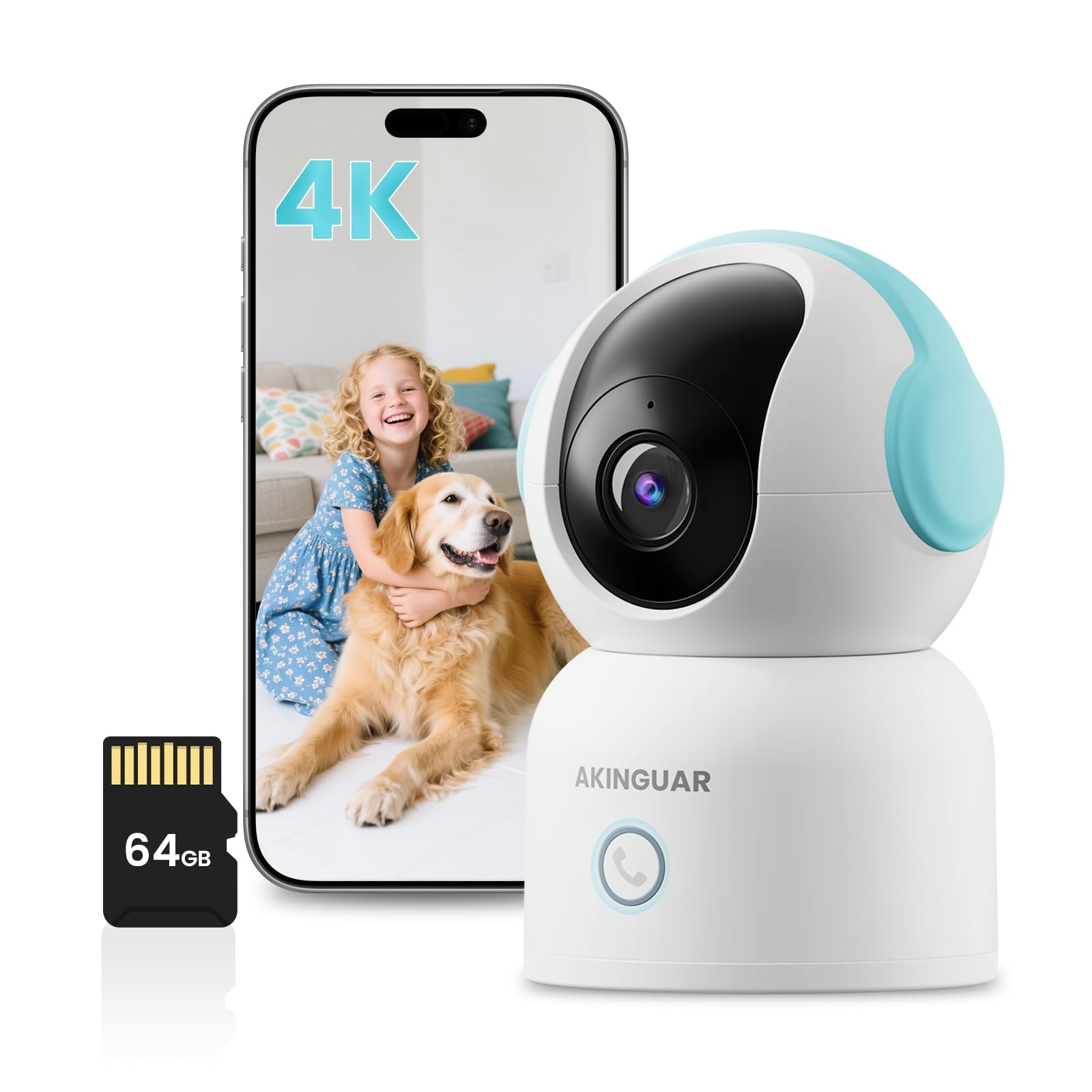 4K Indoor 360° PT Security Camera, Dual-Band WiFi with 64GB Memory Card