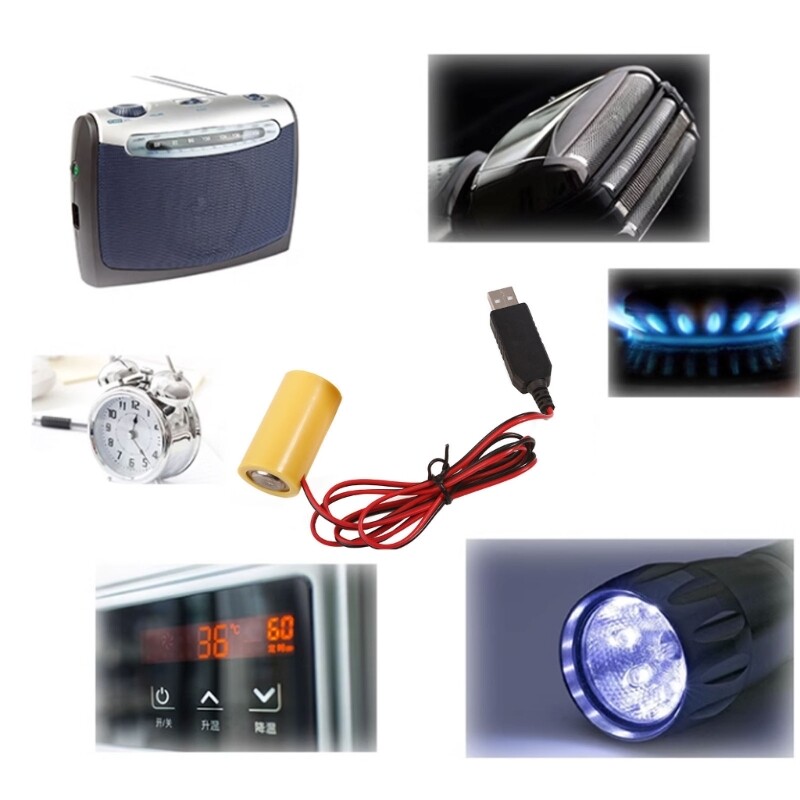 USB 5V2A to LR14 False Battery Power Cord + Adapter Replace 3xLR14 Batteries