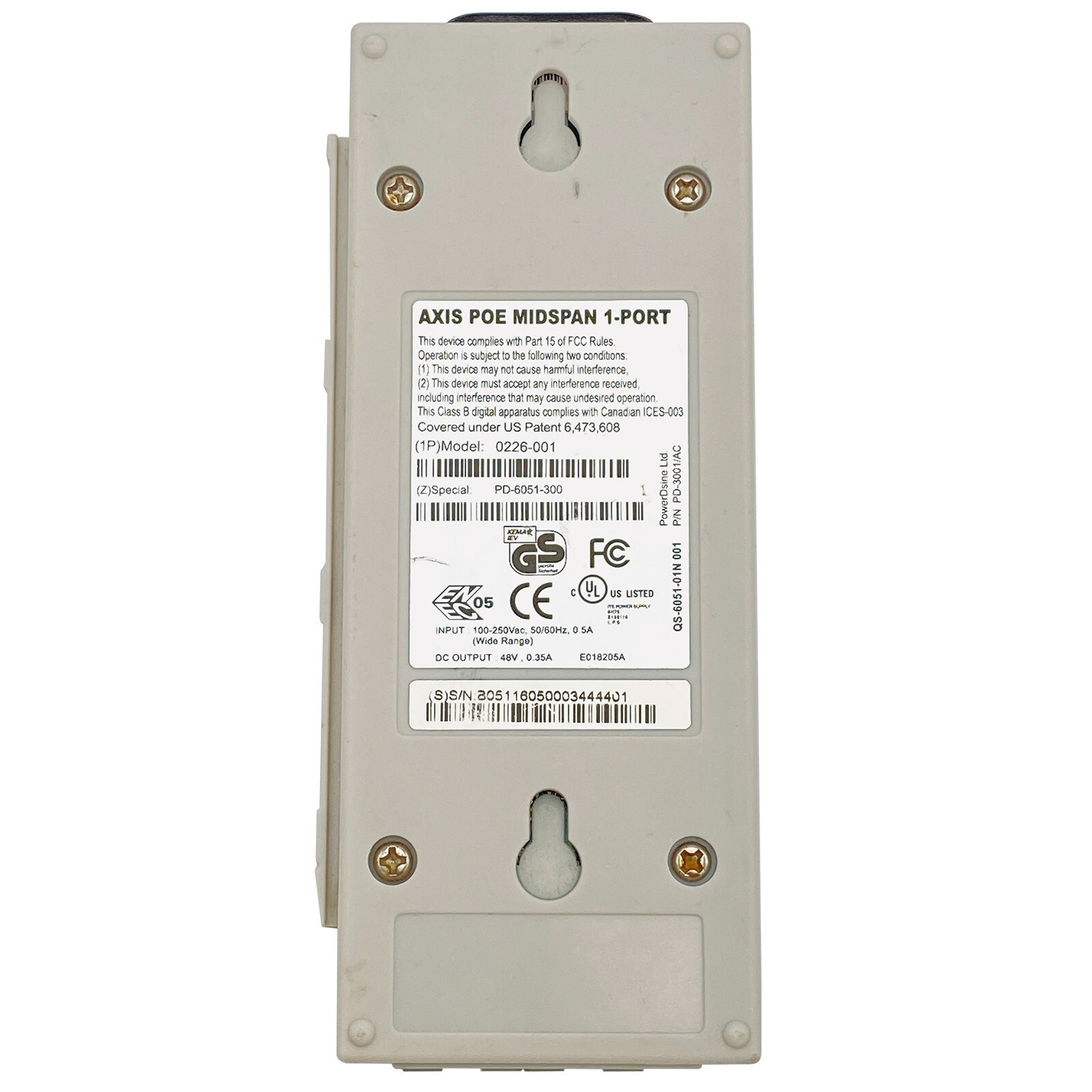 AXIS Communications PoE Midspan 1-Port 0226-001 PD-3001/AC – 48V 0.35A E018205A