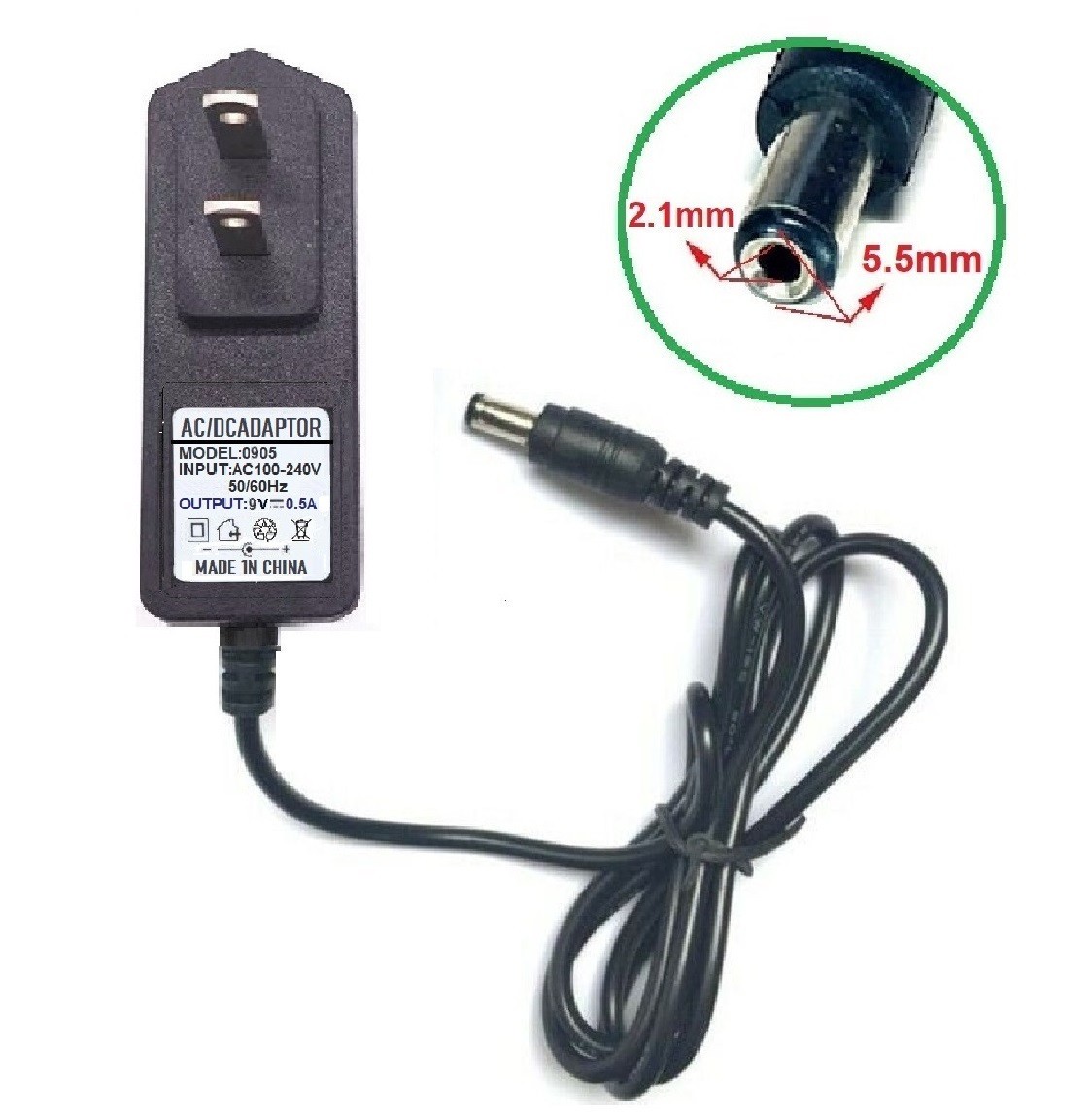 AC Converter Adapter 5.5mm x 2.1mm DC 9V 0.5A 500mA Power Supply Charger USA