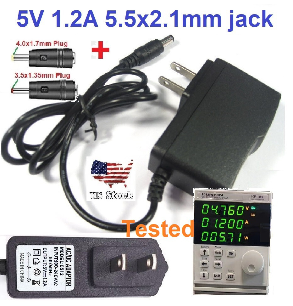 Tested 5V 1.2A AC/DC Adapter Power Supply Charger with 5.5×2.1mm +2 DC Plug Tips