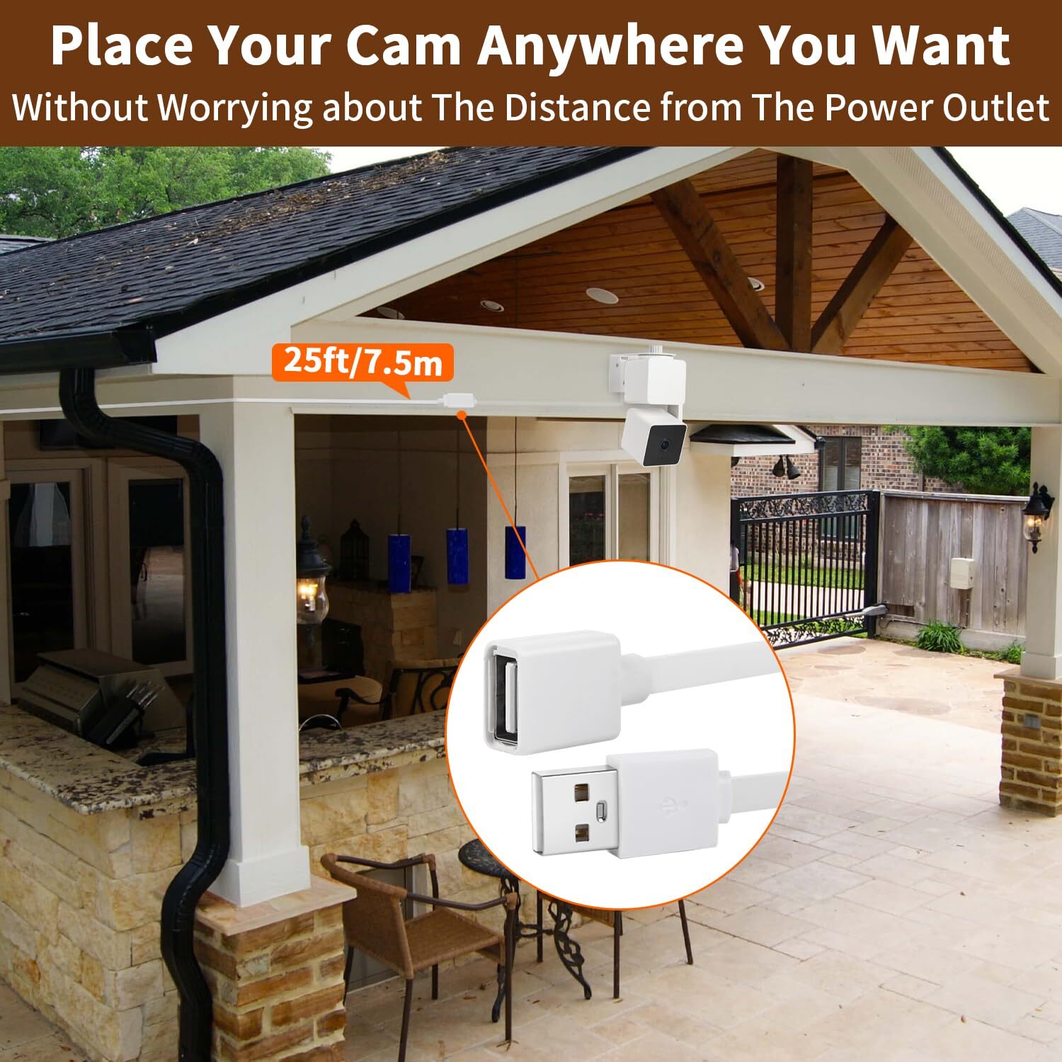 25ft USB Extension Cable Waterproof Flat Power Cord Compatible with WYZE Cam