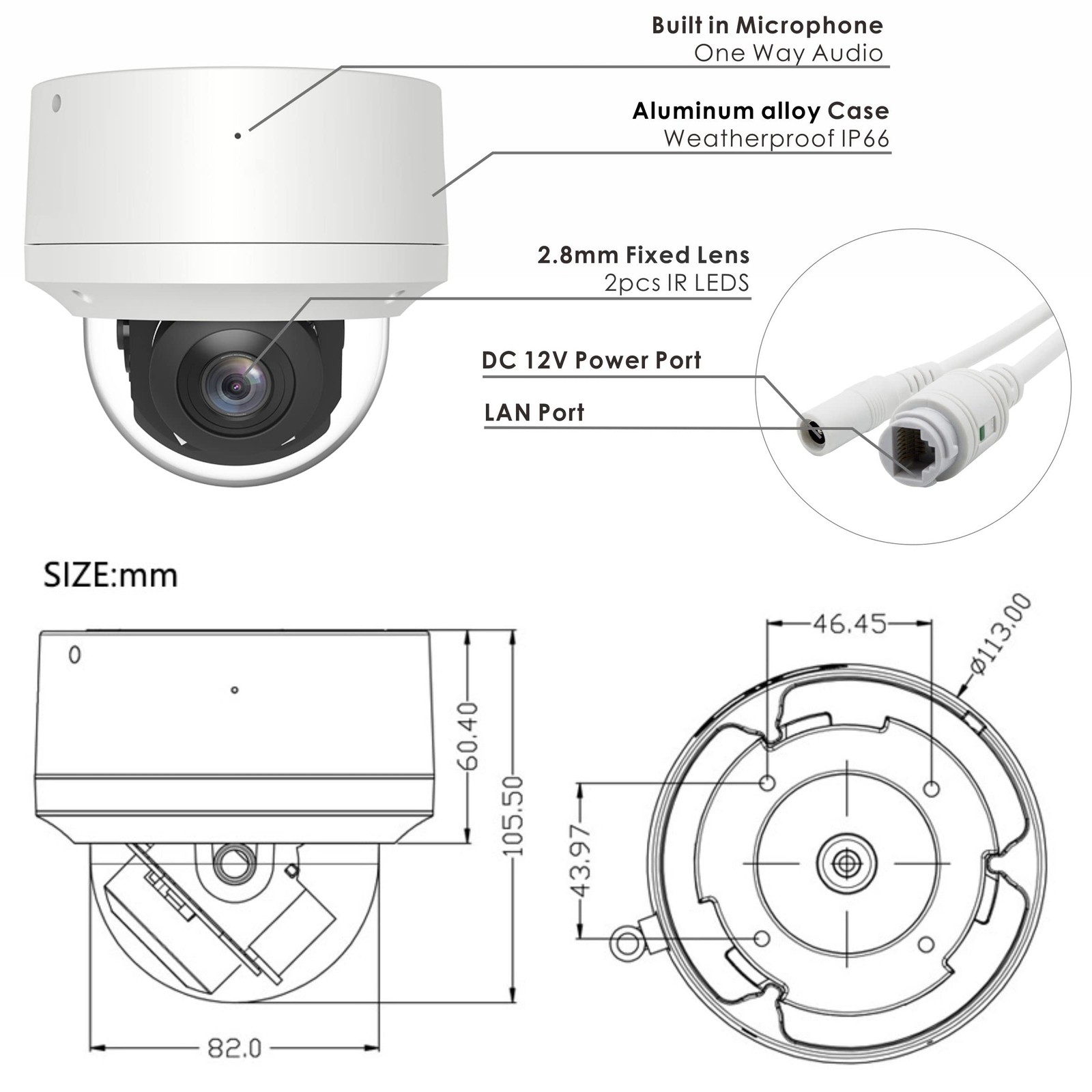 4K 2.5” PoE PTZ IP Camera with Mic/Audio, Pan 0~355° Tilt 0~90°