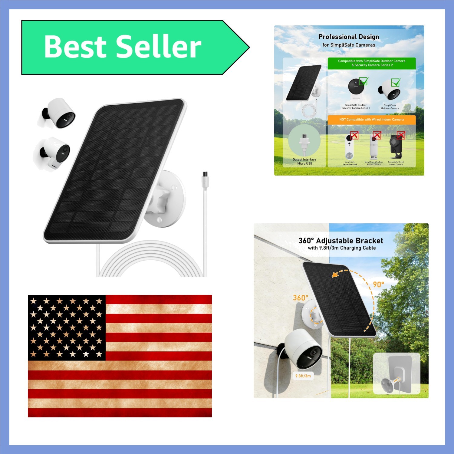 Solar Panel for SimpliSafe Outdoor Camera Series 2, 4W 5V with 10ft Charging Cab